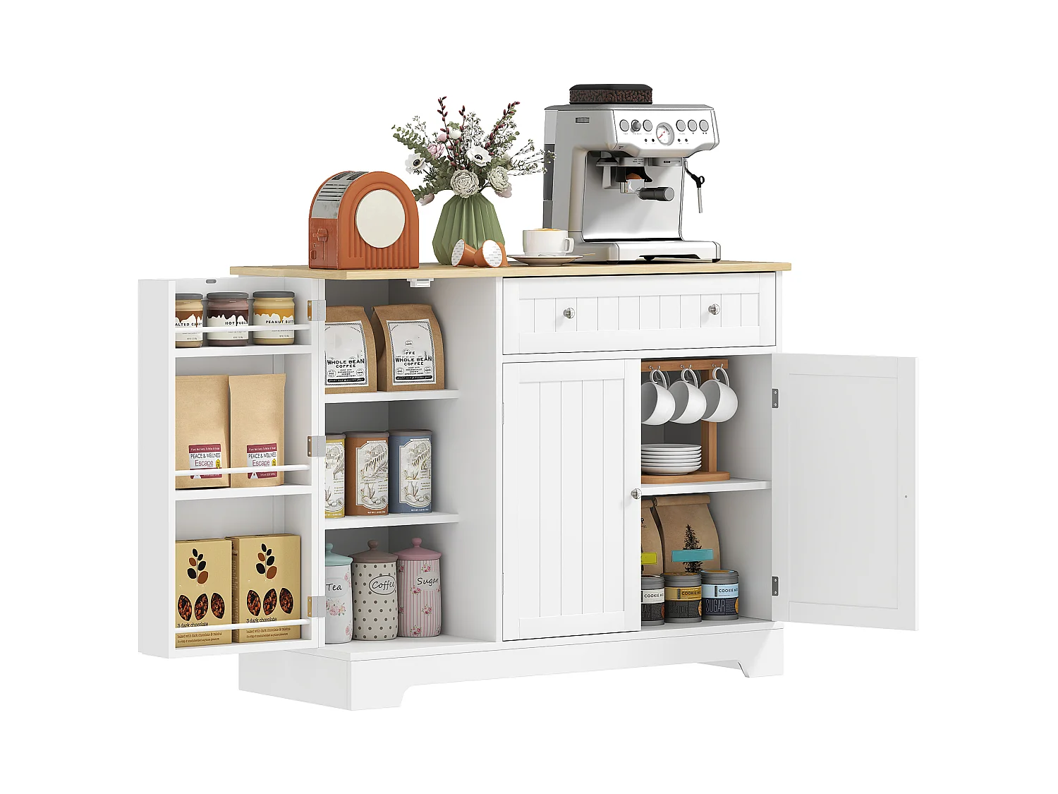 Buffet cuisine 3 portes 6 étagères tiroir coulissant dim. 105 x 40 x 83 cm effet bois clair blanc
