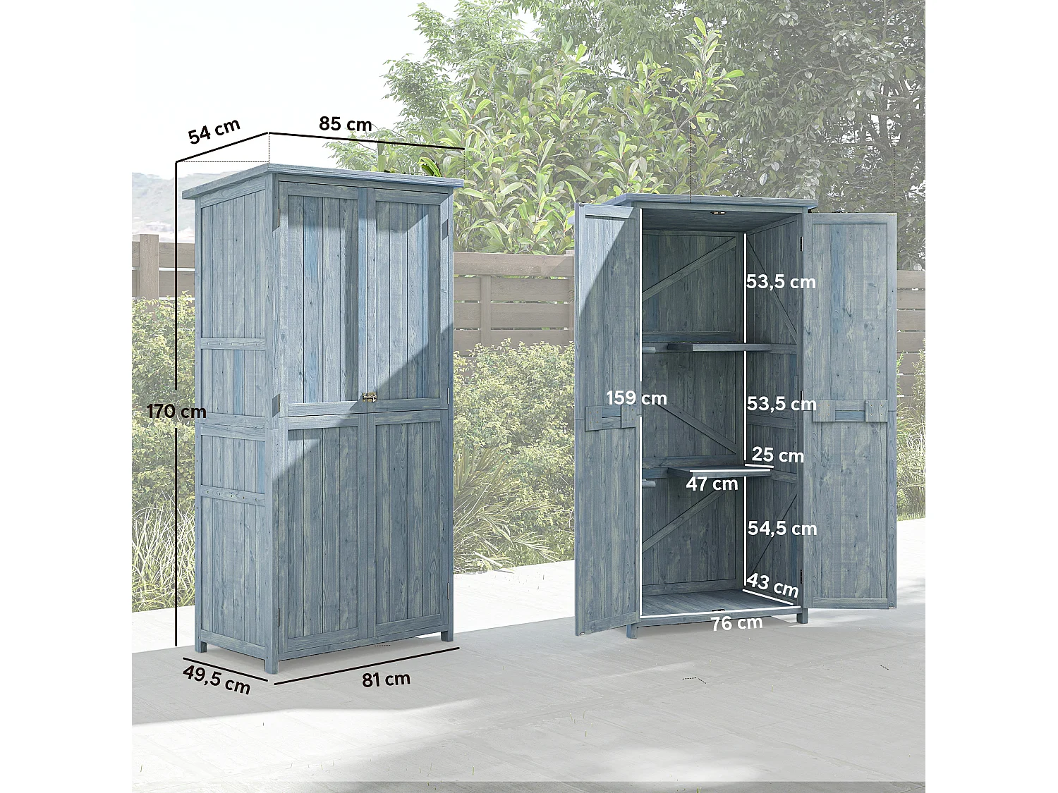 Armoire de jardin bois 2 portes 2 étagères 5 racks 85 x 54 x 170 cm gris