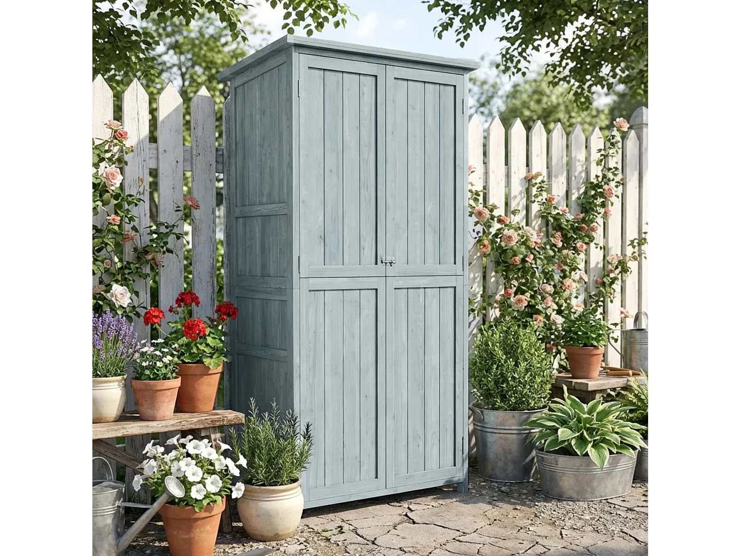 Armoire de jardin bois 2 portes 2 étagères 5 racks 85 x 54 x 170 cm gris