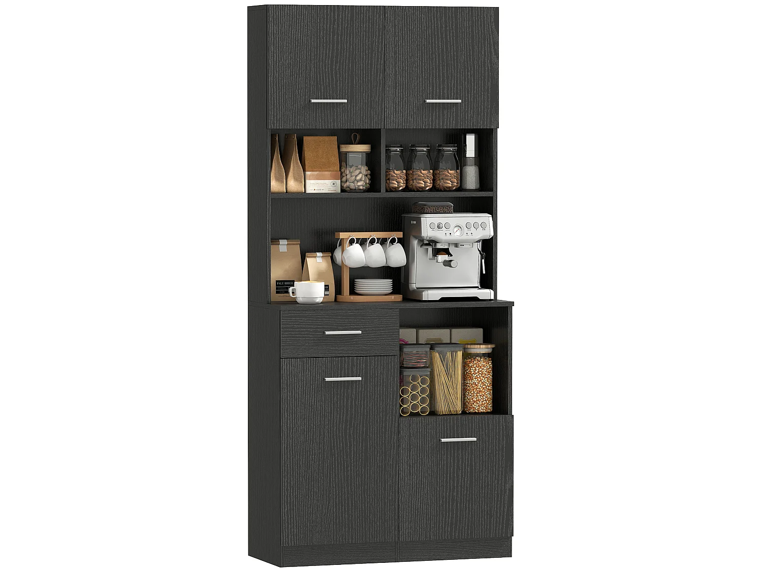 Buffet haut effet bois noir 4 portes tiroir et étagères