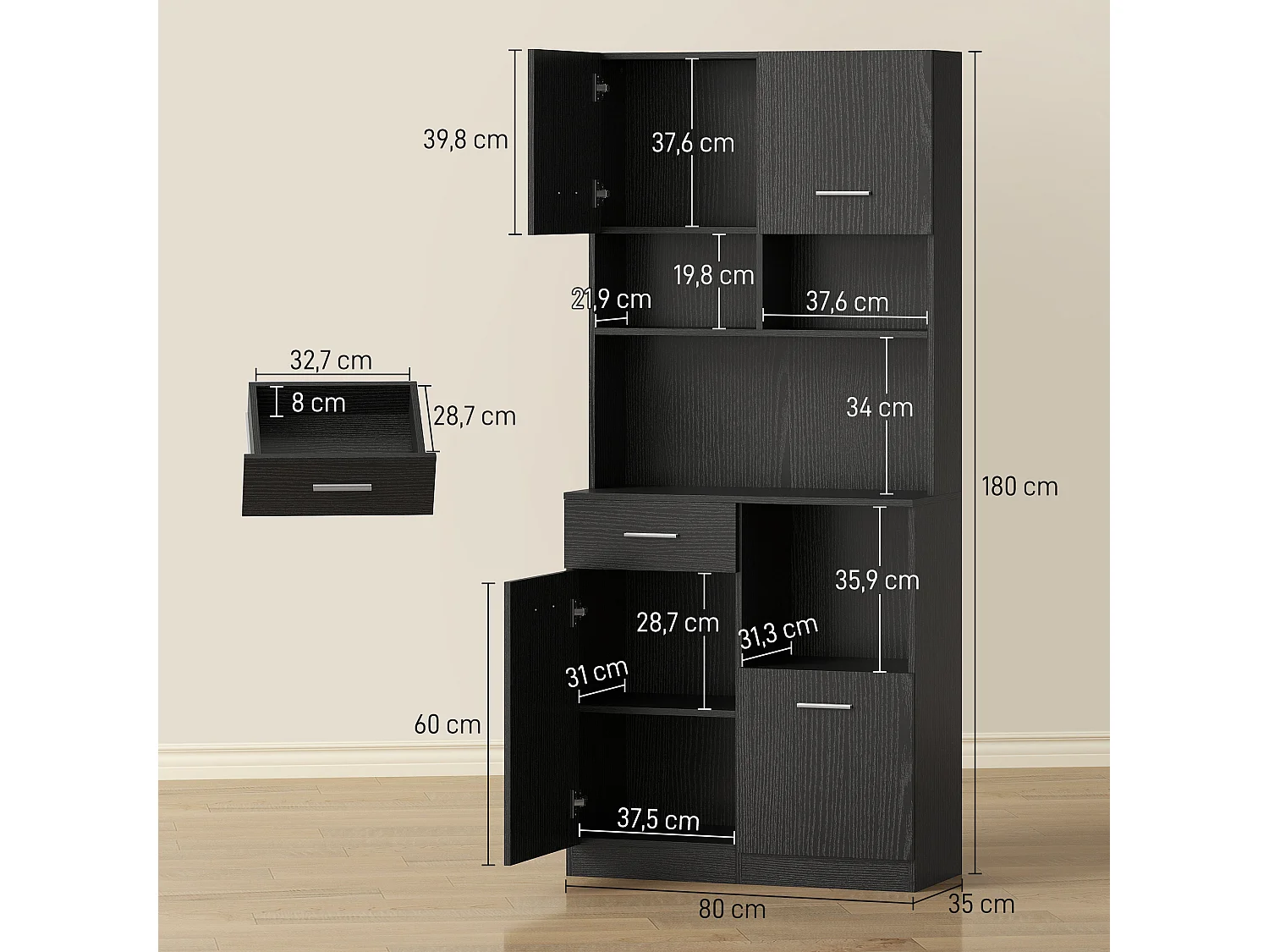 Buffet haut effet bois noir 4 portes tiroir et étagères