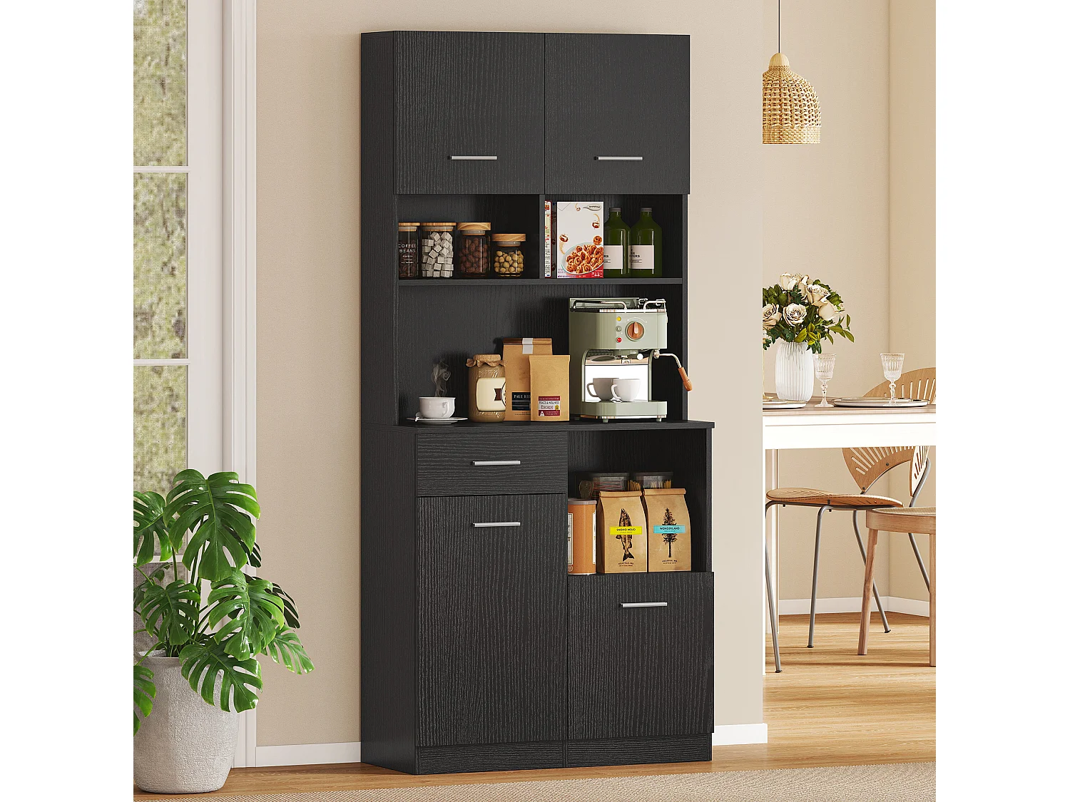 Buffet haut effet bois noir 4 portes tiroir et étagères