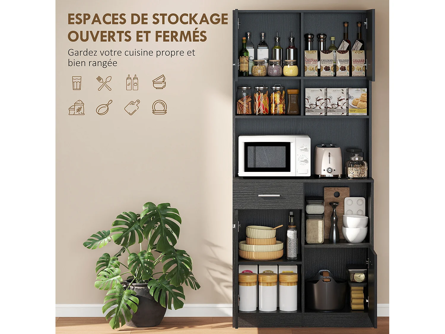 Buffet haut effet bois noir 4 portes tiroir et étagères