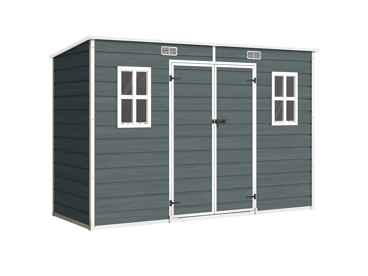 Abri de jardin 3,2 m² portes verrouillables plancher fenêtres aérations résine PP effet bois gris blanc