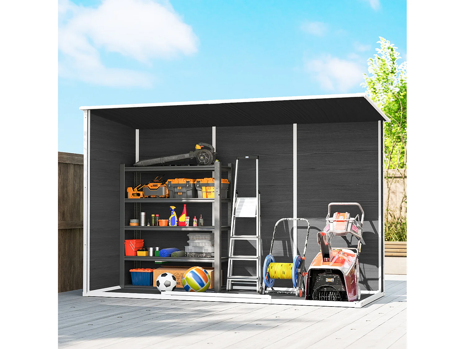 Abri de jardin 3,2 m² portes verrouillables plancher fenêtres aérations résine PP effet bois gris blanc