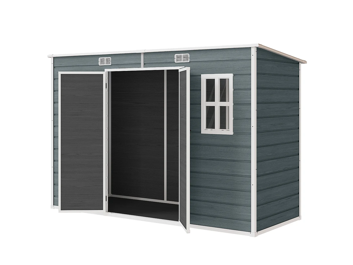 Abri de jardin 3,2 m² portes verrouillables plancher fenêtres aérations résine PP effet bois gris blanc