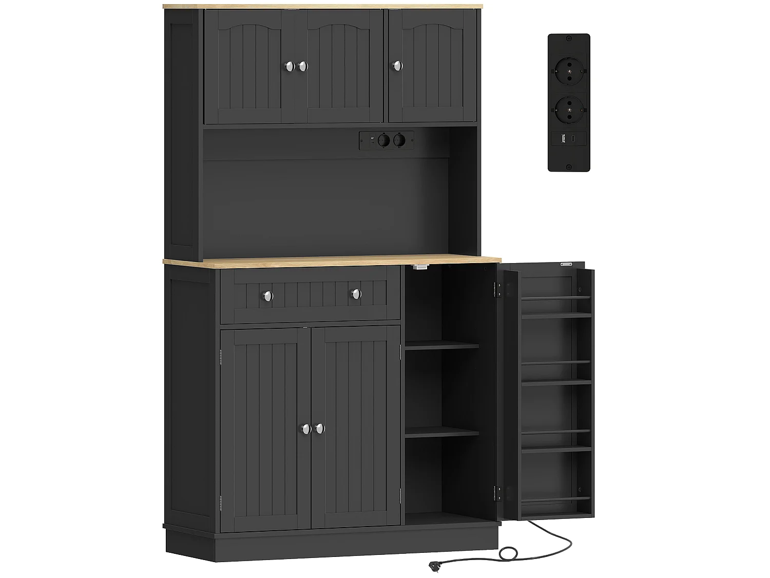 Buffet haut cuisine 6 portes 5 étagères grande niche tiroir 4 étagères à épices 100 x 40 x 173 cm noir bois