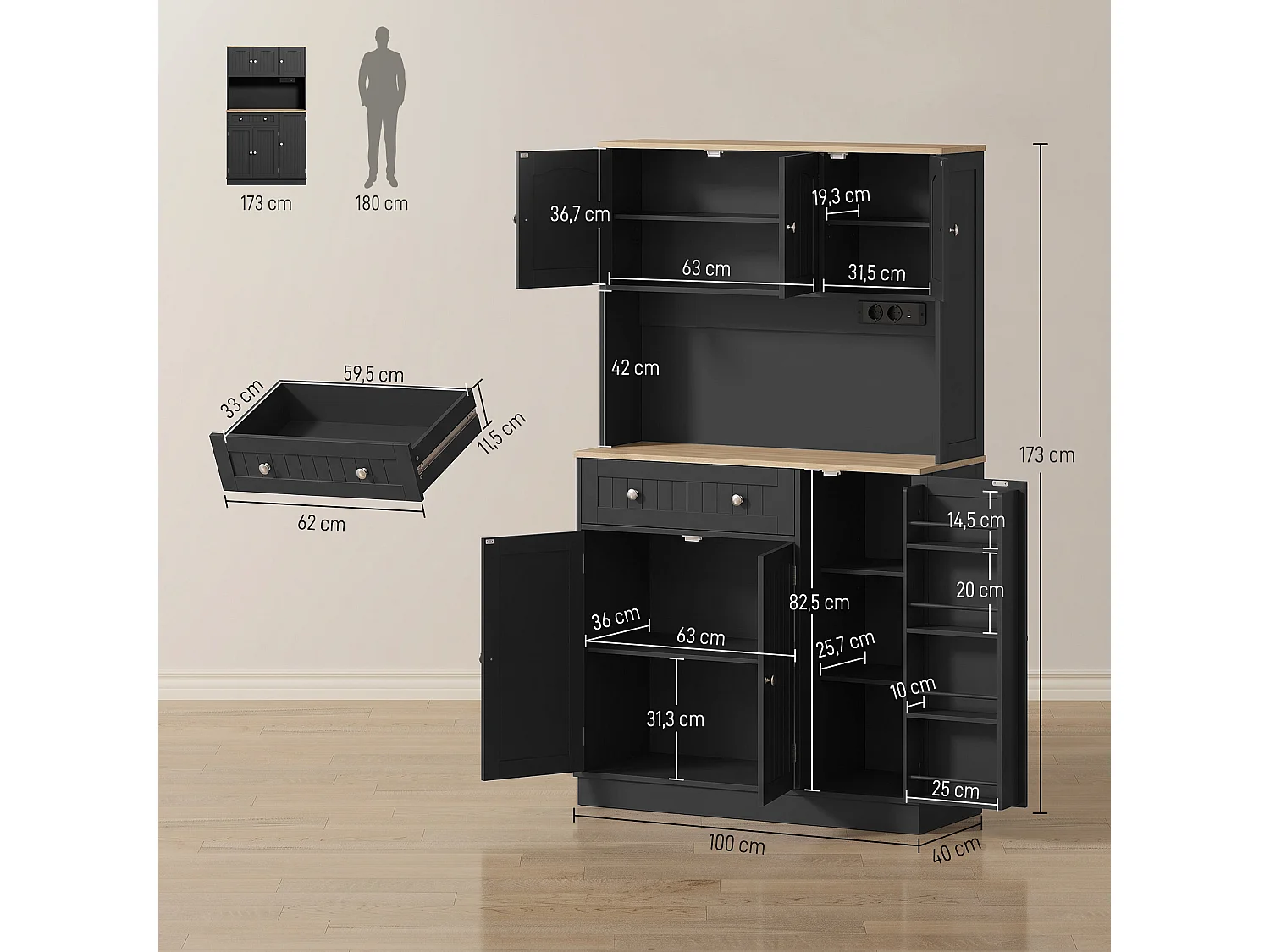 Buffet haut cuisine 6 portes 5 étagères grande niche tiroir 4 étagères à épices 100 x 40 x 173 cm noir bois