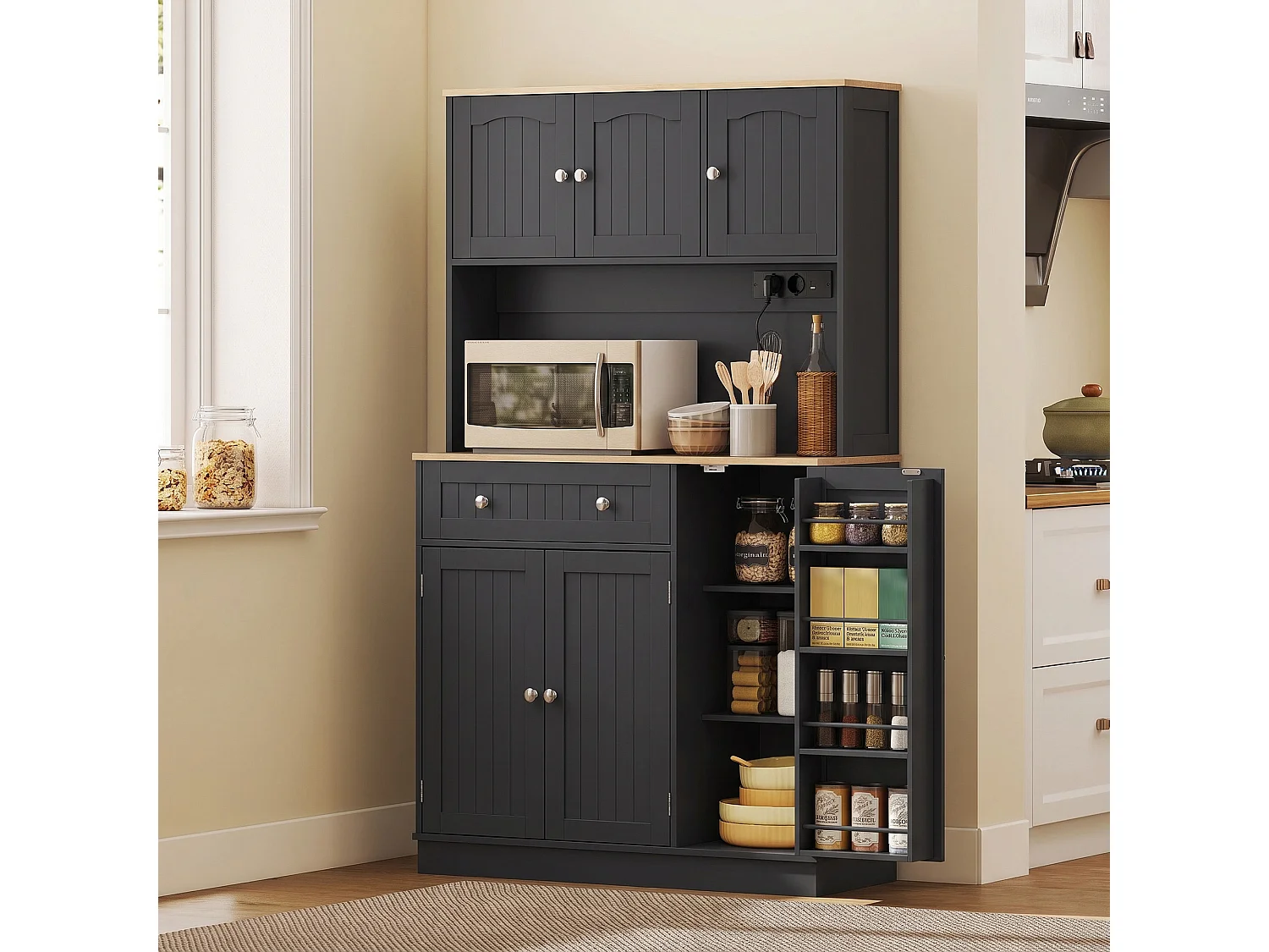 Buffet haut cuisine 6 portes 5 étagères grande niche tiroir 4 étagères à épices 100 x 40 x 173 cm noir bois