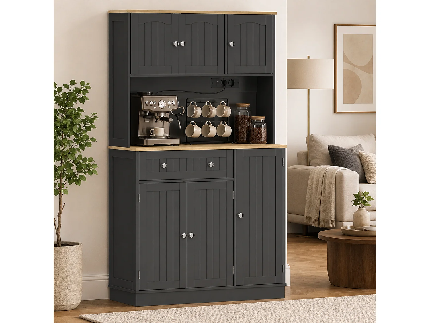 Buffet haut cuisine 6 portes 5 étagères grande niche tiroir 4 étagères à épices 100 x 40 x 173 cm noir bois