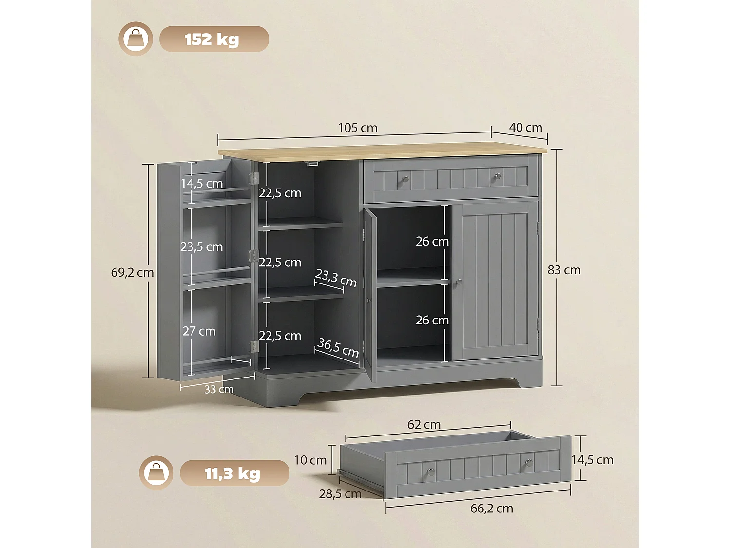 Buffet cuisine 3 portes 6 étagères tiroir coulissant dim. 105 x 40 x 83 cm effet bois clair gris