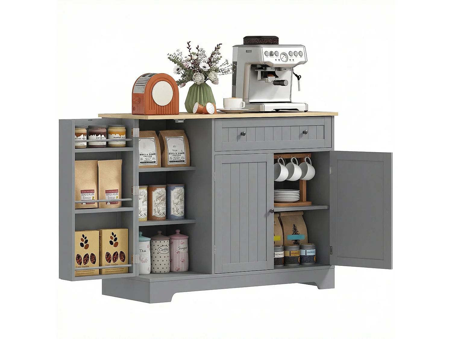 Buffet cuisine 3 portes 6 étagères tiroir coulissant dim. 105 x 40 x 83 cm effet bois clair gris