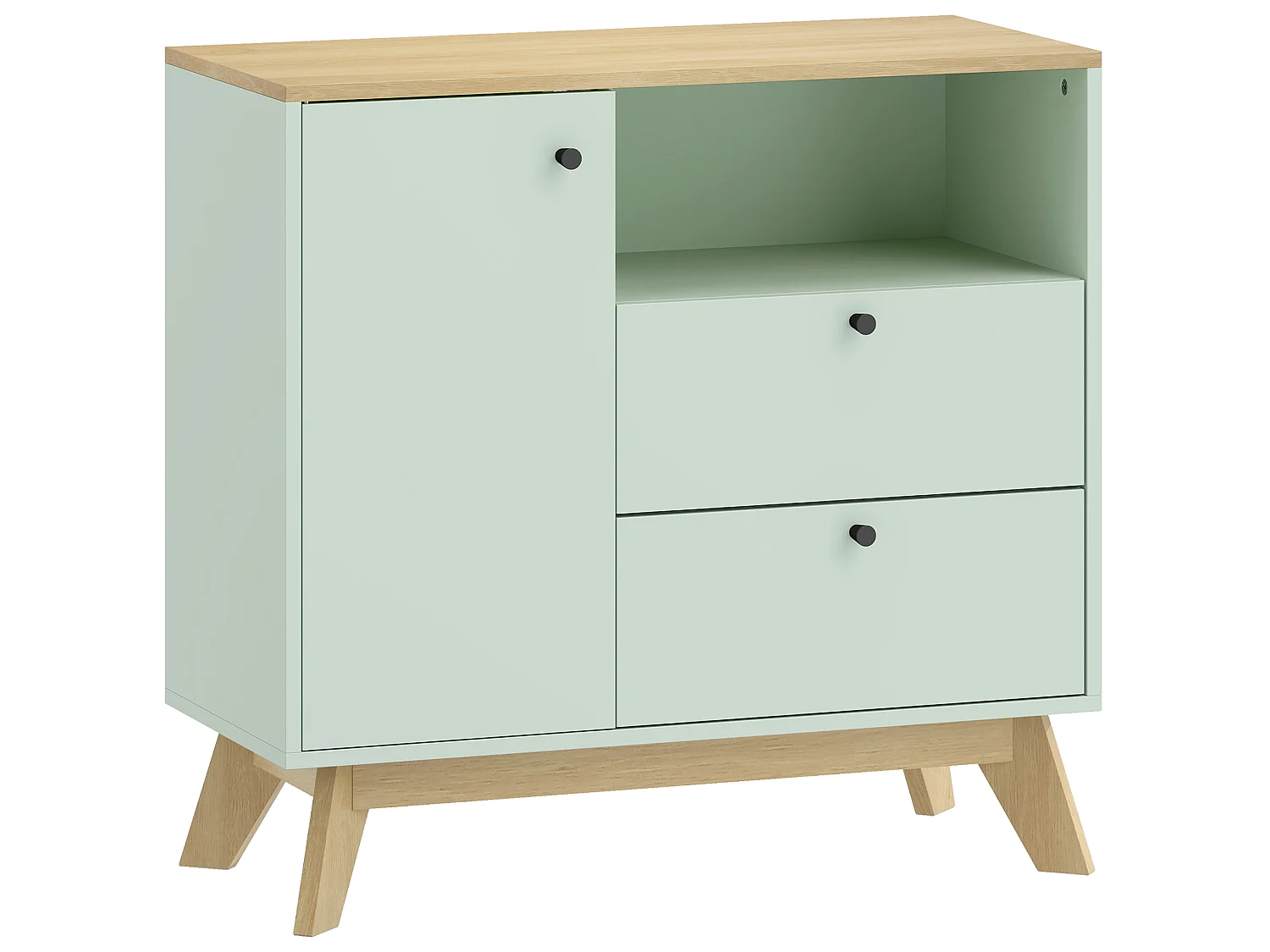 Buffet salon  porte, 2 tiroirs, compartiment ouvert et étagère réglable - MDF - 80 x 35 x 76,3 cm - vert clair effet bois