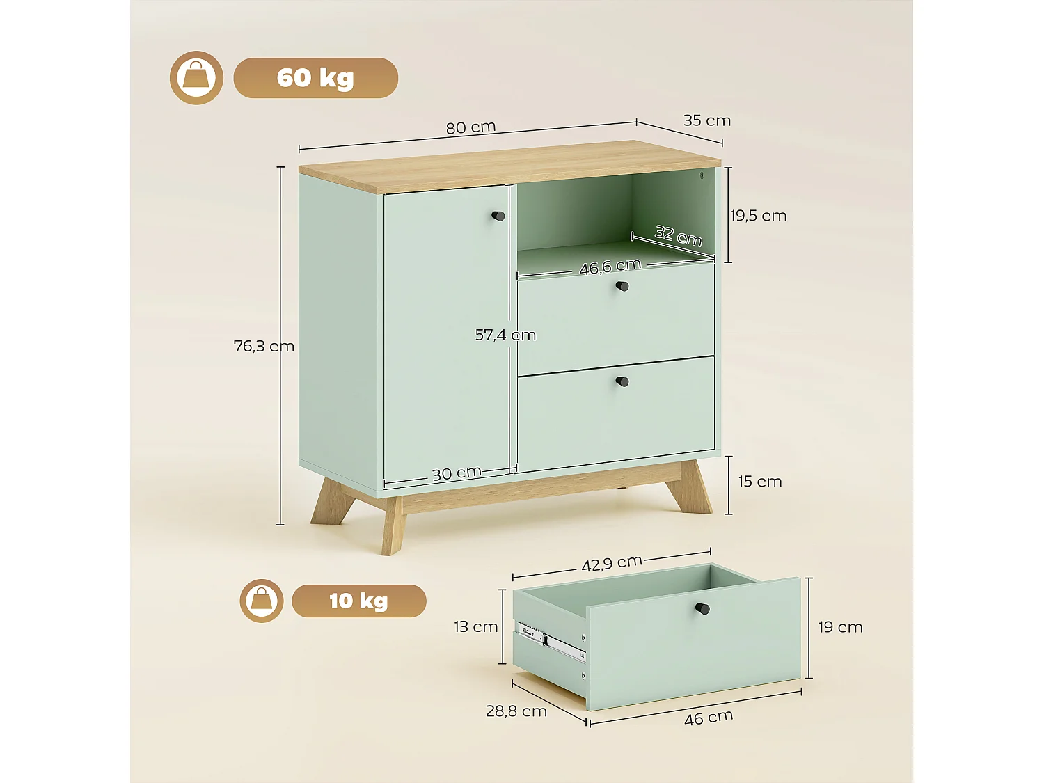 Buffet salon  porte, 2 tiroirs, compartiment ouvert et étagère réglable - MDF - 80 x 35 x 76,3 cm - vert clair effet bois