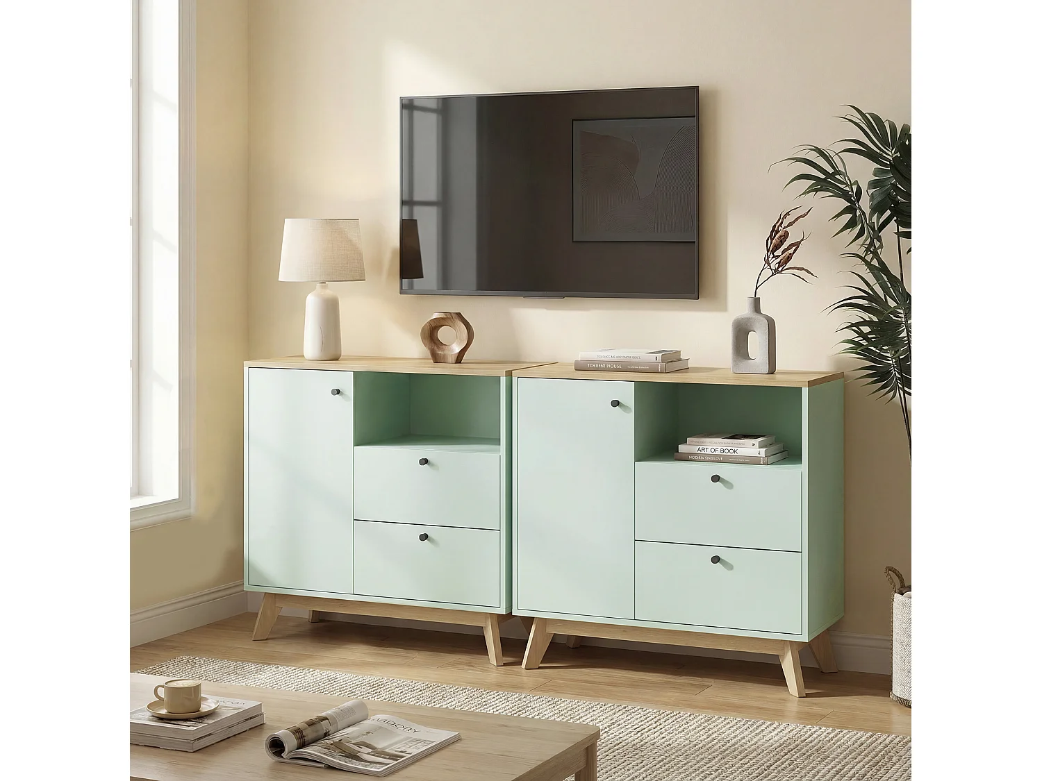 Buffet salon  porte, 2 tiroirs, compartiment ouvert et étagère réglable - MDF - 80 x 35 x 76,3 cm - vert clair effet bois
