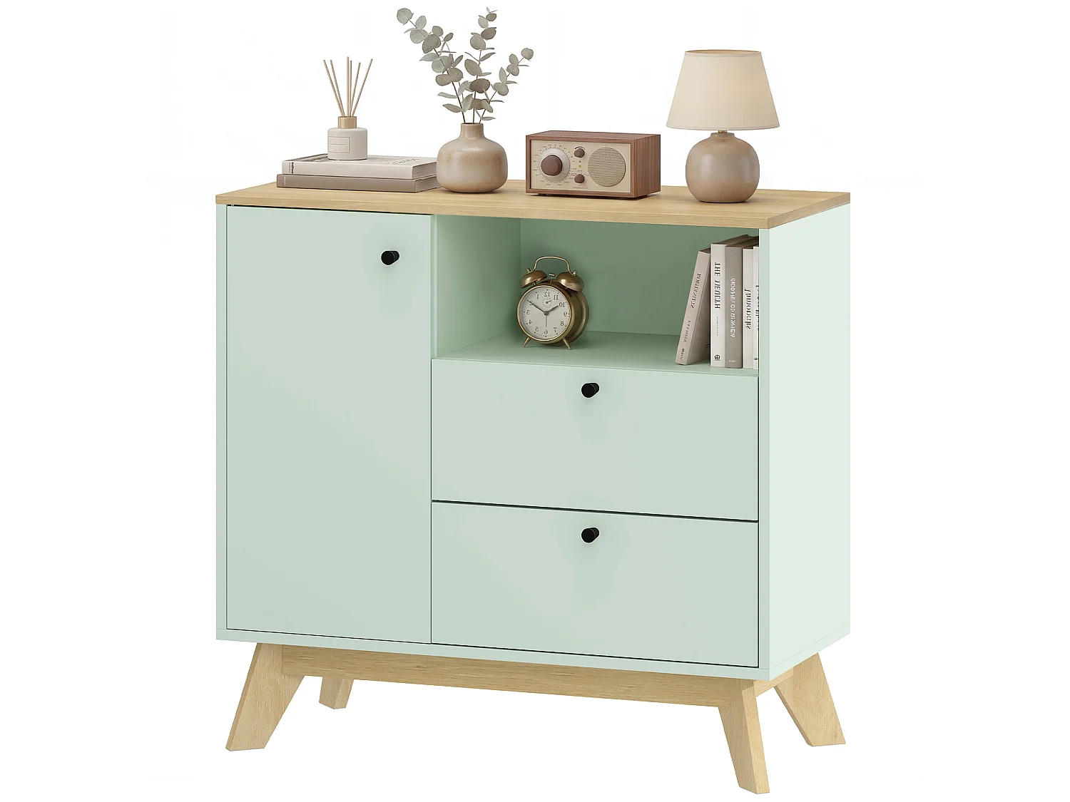 Buffet salon  porte, 2 tiroirs, compartiment ouvert et étagère réglable - MDF - 80 x 35 x 76,3 cm - vert clair effet bois