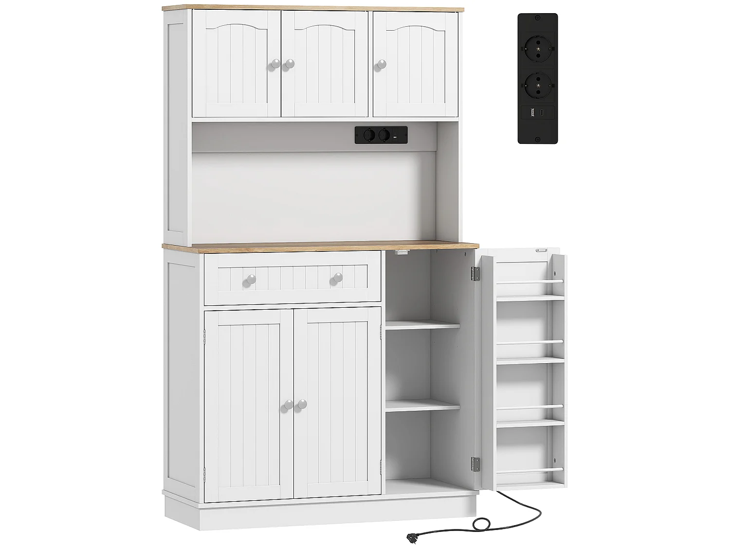 Buffet haut cuisine 6 portes 5 étagères grande niche tiroir 4 étagères à épices 100 x 40 x 173 cm blanc bois