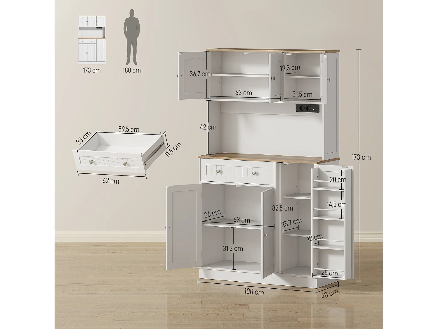 Buffet haut cuisine 6 portes 5 étagères grande niche tiroir 4 étagères à épices 100 x 40 x 173 cm blanc bois