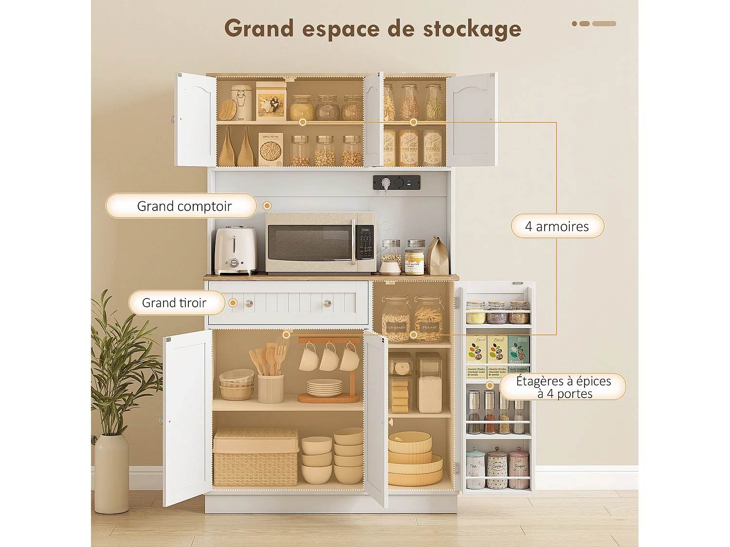 Buffet haut cuisine 6 portes 5 étagères grande niche tiroir 4 étagères à épices 100 x 40 x 173 cm blanc bois