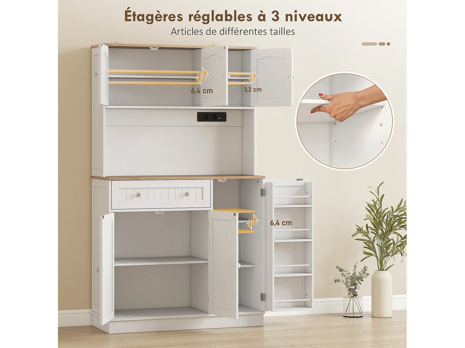Buffet haut cuisine 6 portes 5 étagères grande niche tiroir 4 étagères à épices 100 x 40 x 173 cm blanc bois