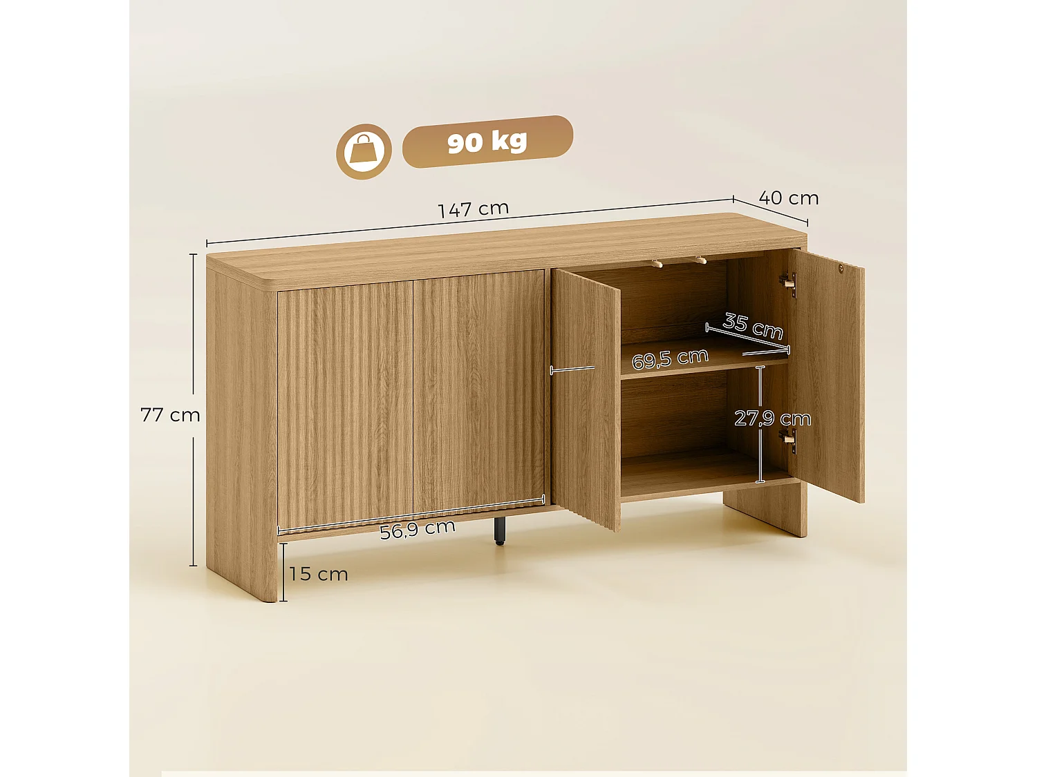 Buffet design effet bois cannelé 4 portes 2 étagères