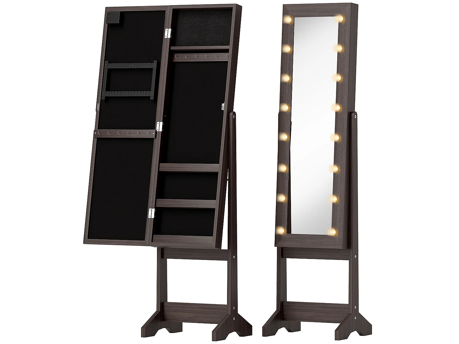 Armoire à bijoux sur pieds avec miroir multi-rangement éclairage LED effet bois wengé