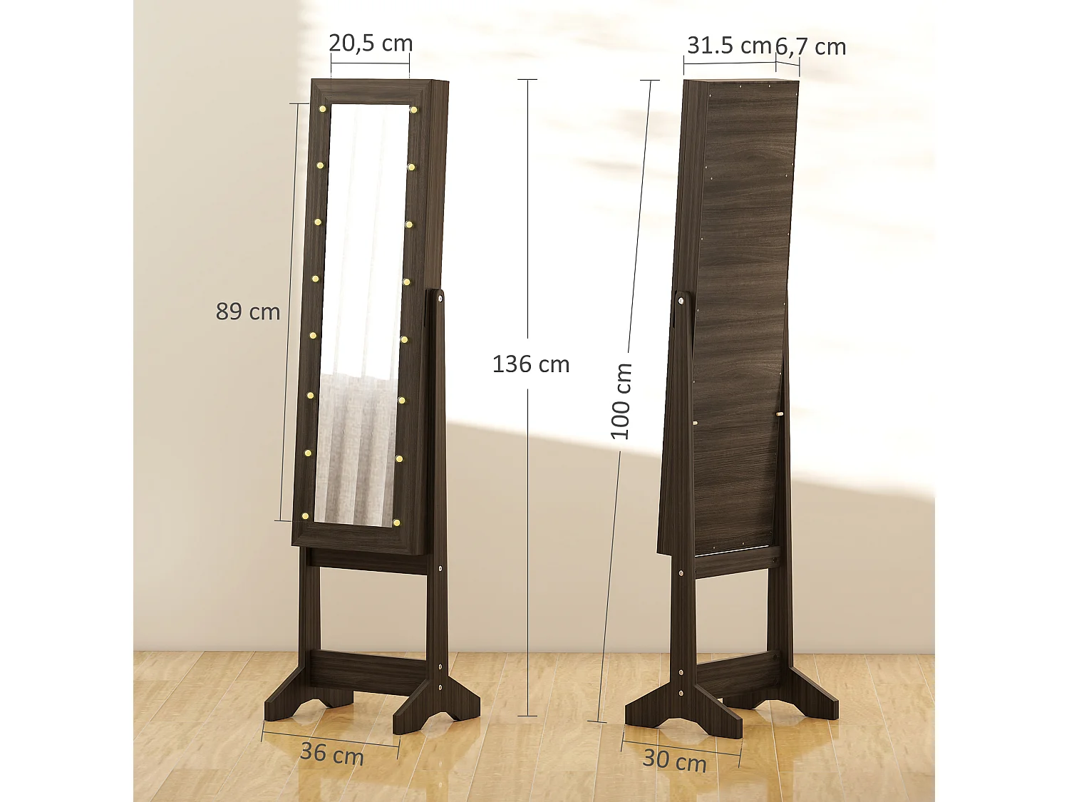Armoire à bijoux sur pieds avec miroir multi-rangement éclairage LED effet bois wengé