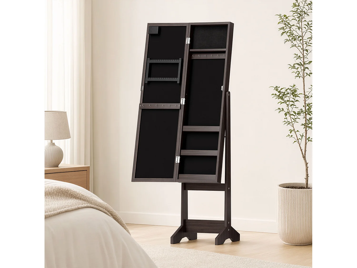 Armoire à bijoux sur pieds avec miroir multi-rangement éclairage LED effet bois wengé