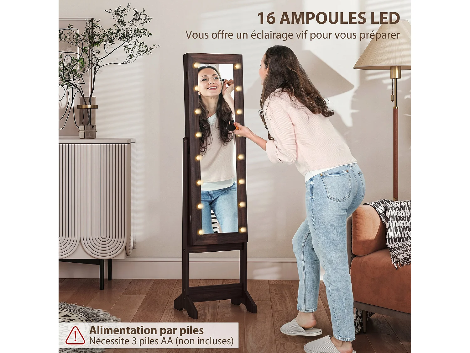 Armoire à bijoux sur pieds avec miroir multi-rangement éclairage LED effet bois wengé