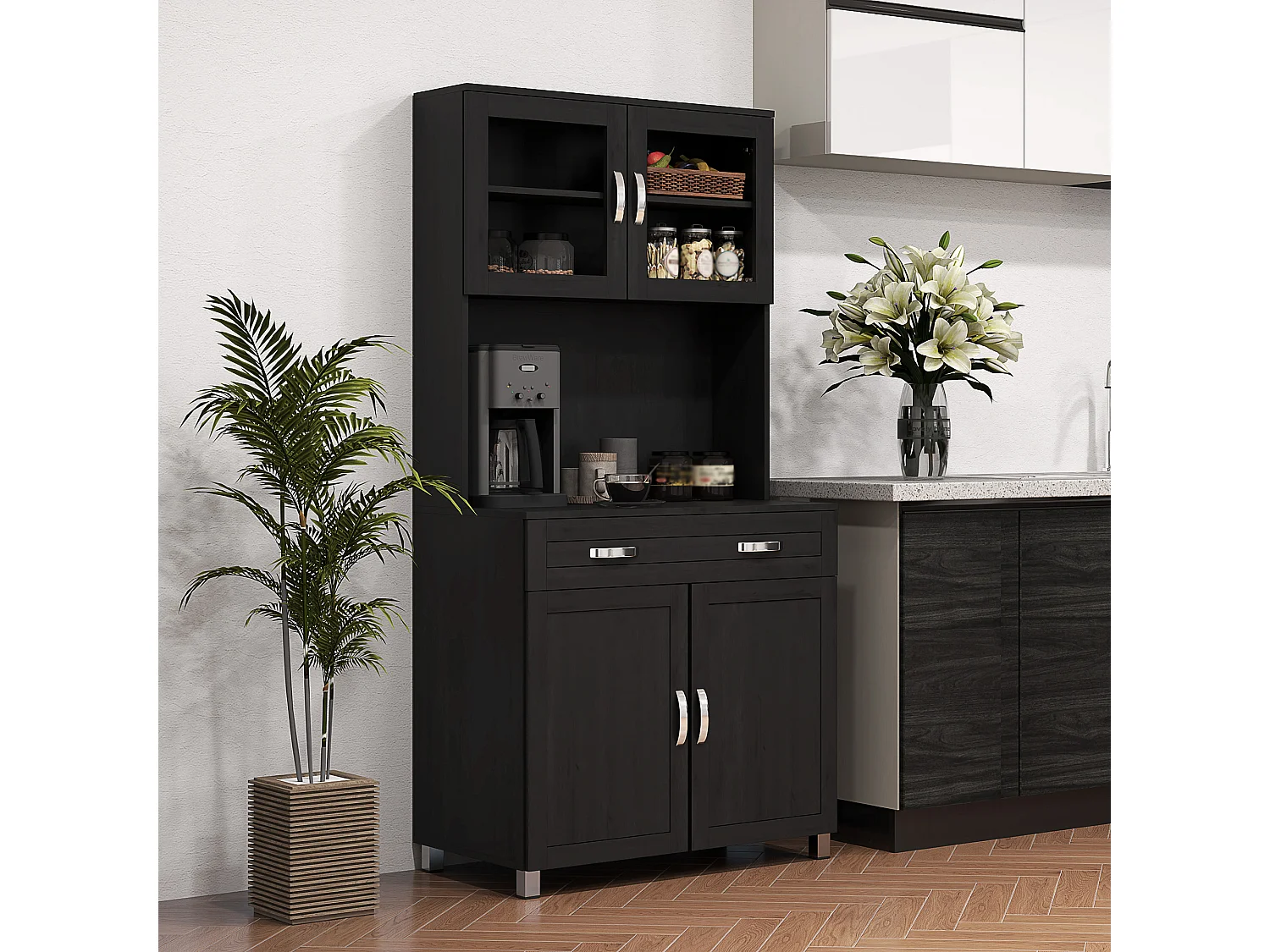 Armoire de cuisine contemporaine multi-rangement 4 portes grand tiroir noir