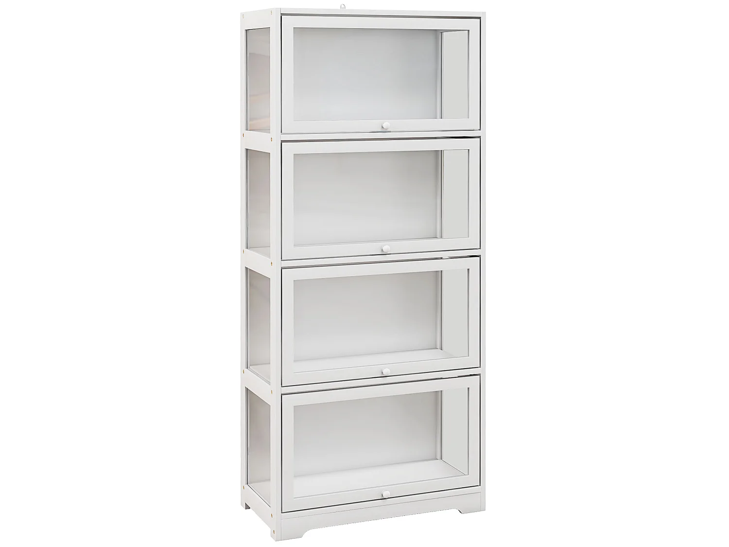 Vitrine colonne 4 niveaux - 4 portes abattantes - dim. 59 x 30 x 139 cm - MDF blanc acrylique transparent