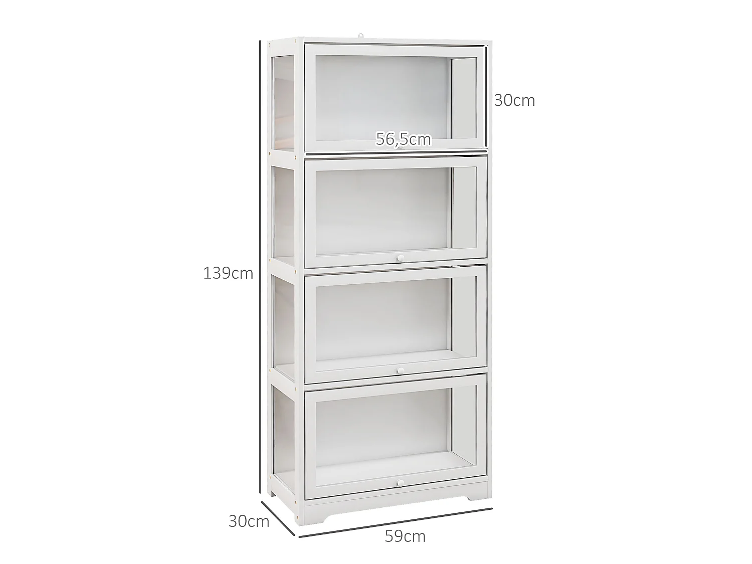 Vitrine colonne 4 niveaux - 4 portes abattantes - dim. 59 x 30 x 139 cm - MDF blanc acrylique transparent