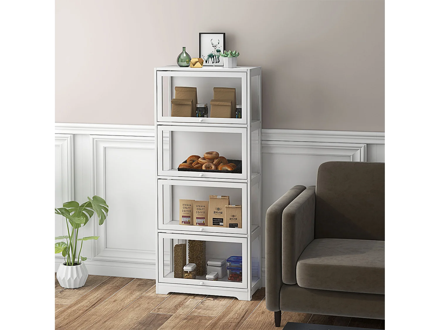 Vitrine colonne 4 niveaux - 4 portes abattantes - dim. 59 x 30 x 139 cm - MDF blanc acrylique transparent