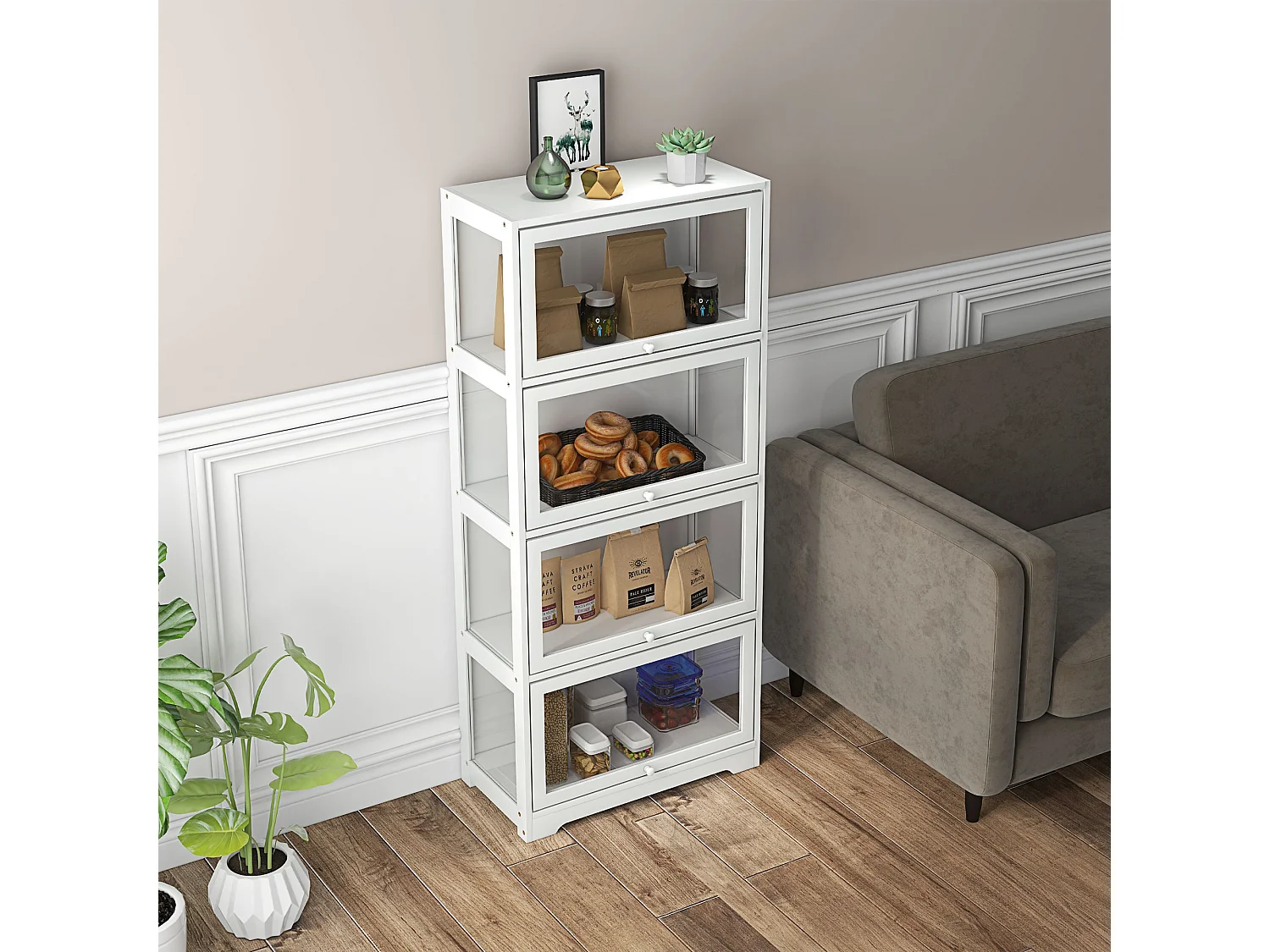 Vitrine colonne 4 niveaux - 4 portes abattantes - dim. 59 x 30 x 139 cm - MDF blanc acrylique transparent