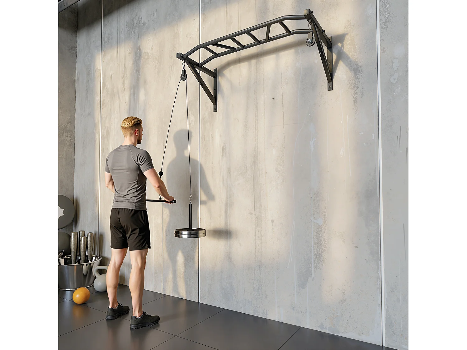 Barre de traction murale multi-prise avec accessoires et kit complet installation max. 200 Kg acier noir