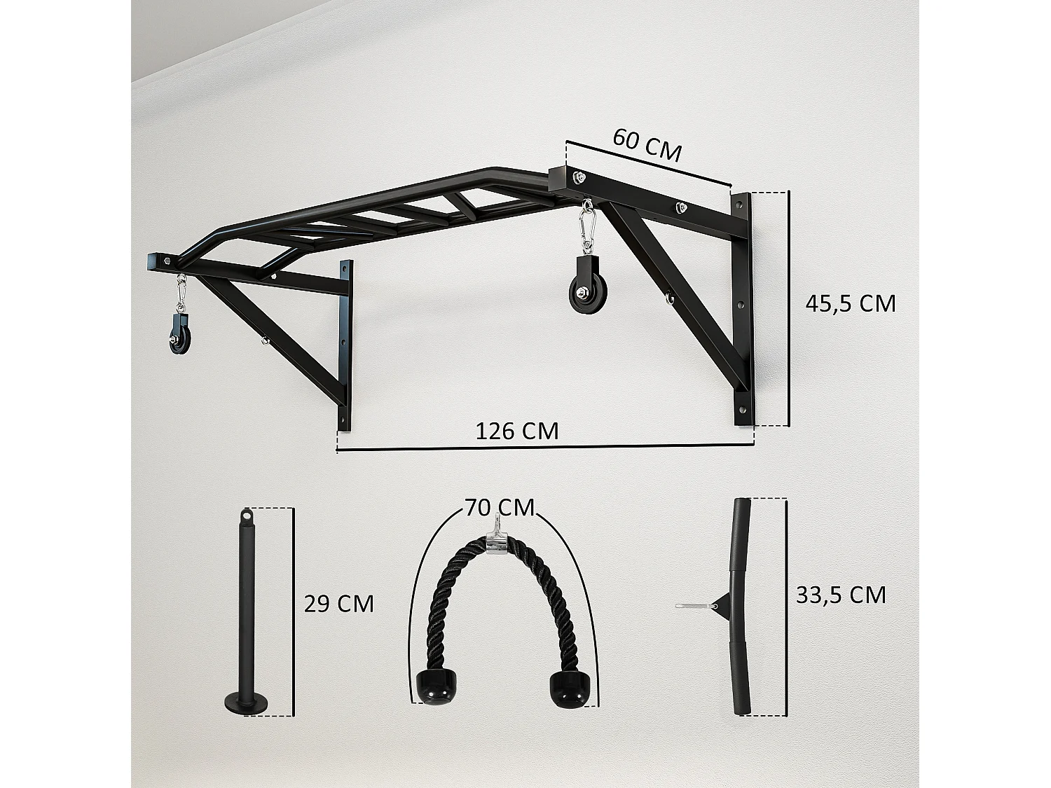 Barre de traction murale multi-prise avec accessoires et kit complet installation max. 200 Kg acier noir