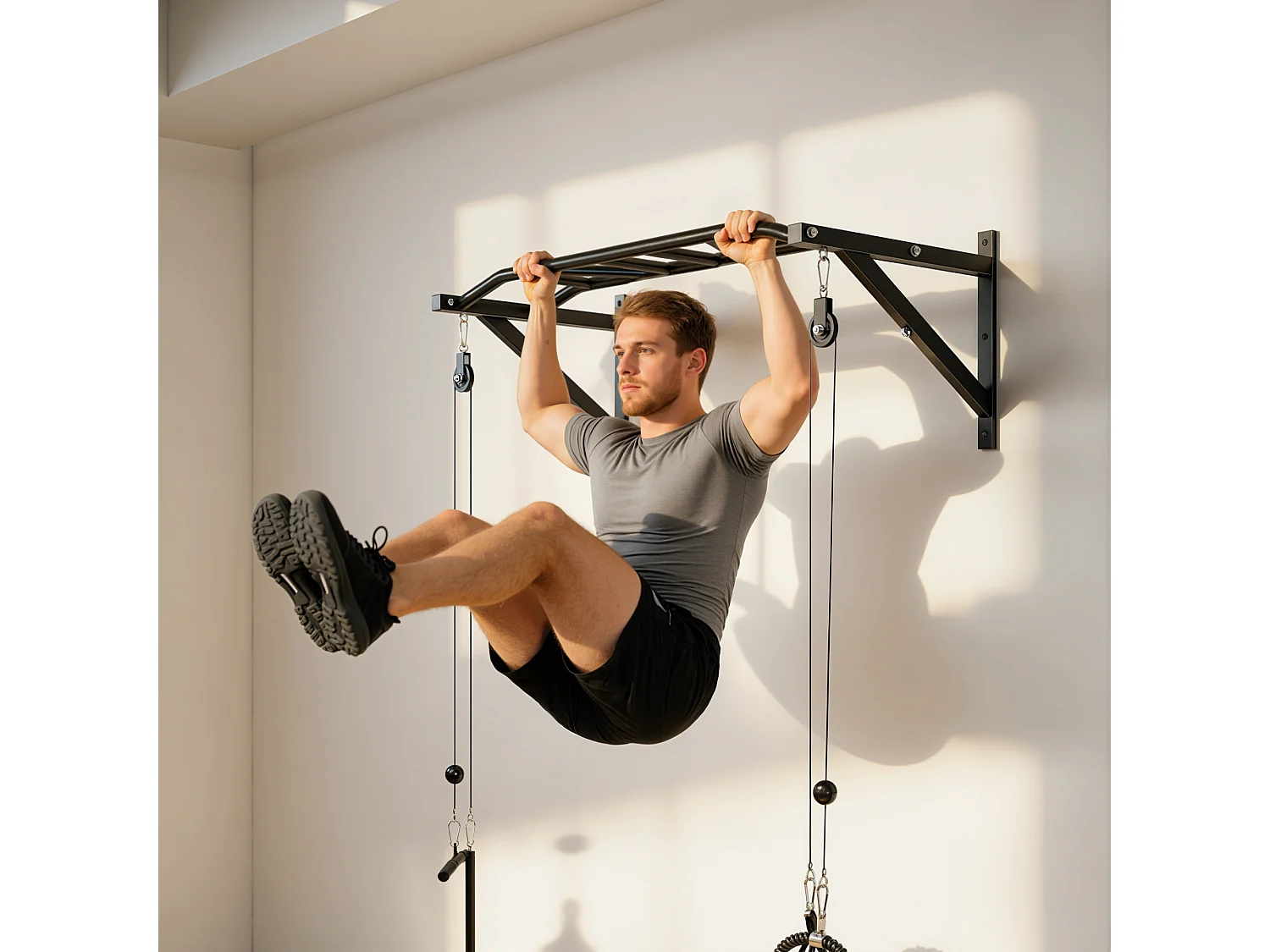Barre de traction murale multi-prise avec accessoires et kit complet installation max. 200 Kg acier noir