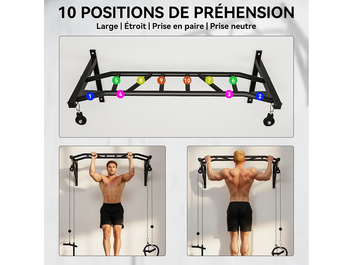 Barre de traction murale multi-prise avec accessoires et kit complet installation max. 200 Kg acier noir