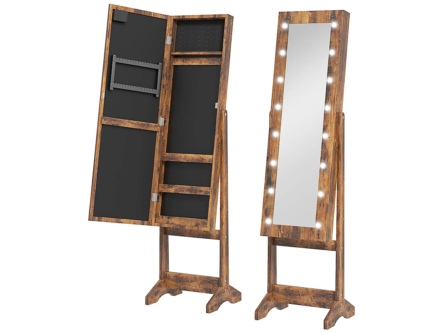 Armoire à bijoux sur pieds avec miroir multi-rangement éclairage LED effet bois vieilli