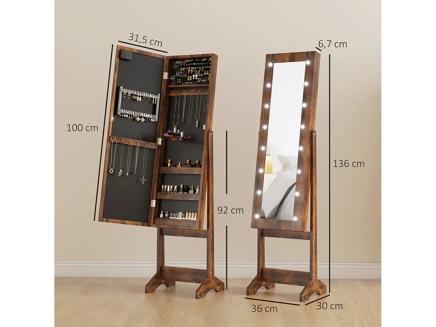 Armoire à bijoux sur pieds avec miroir multi-rangement éclairage LED effet bois vieilli