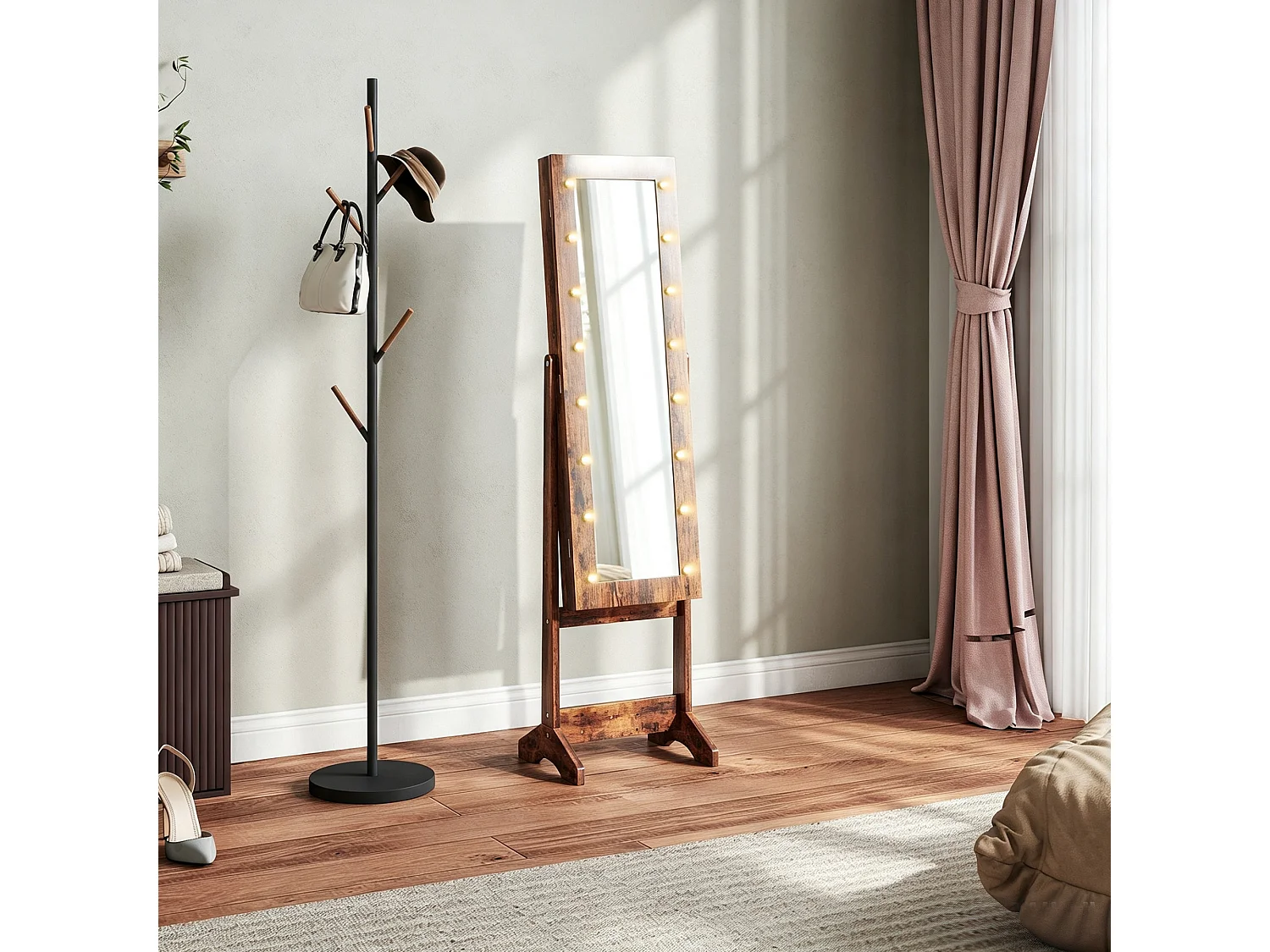 Armoire à bijoux sur pieds avec miroir multi-rangement éclairage LED effet bois vieilli