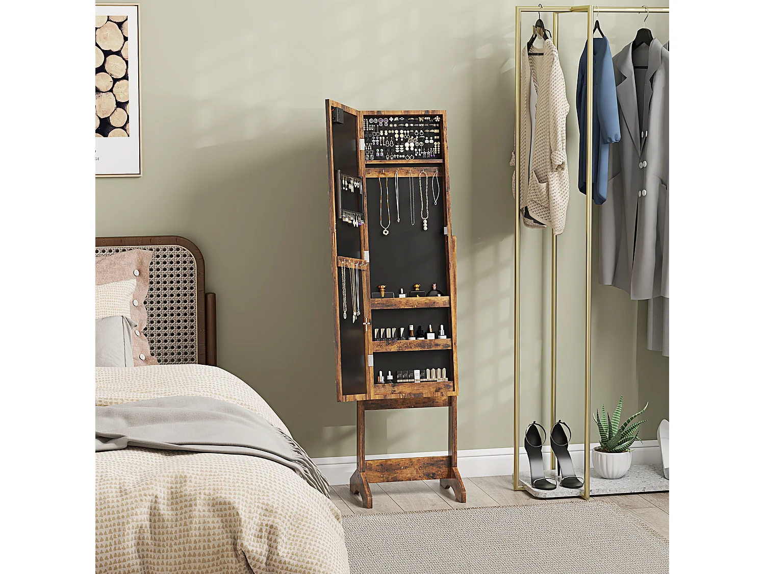 Armoire à bijoux sur pieds avec miroir multi-rangement éclairage LED effet bois vieilli