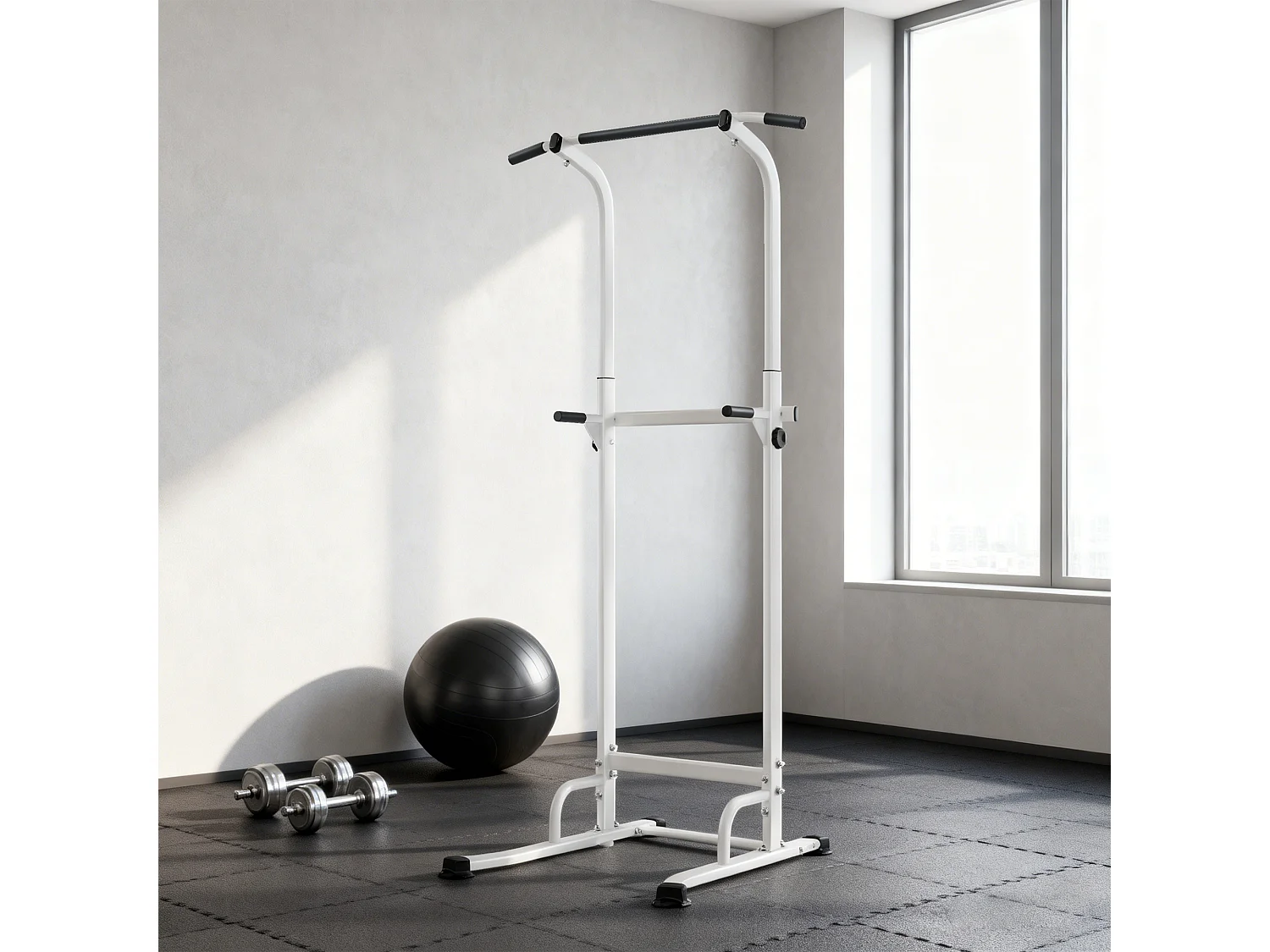Station de traction et dips - barre de traction autoportante réglable H.176-227cm - acier blanc