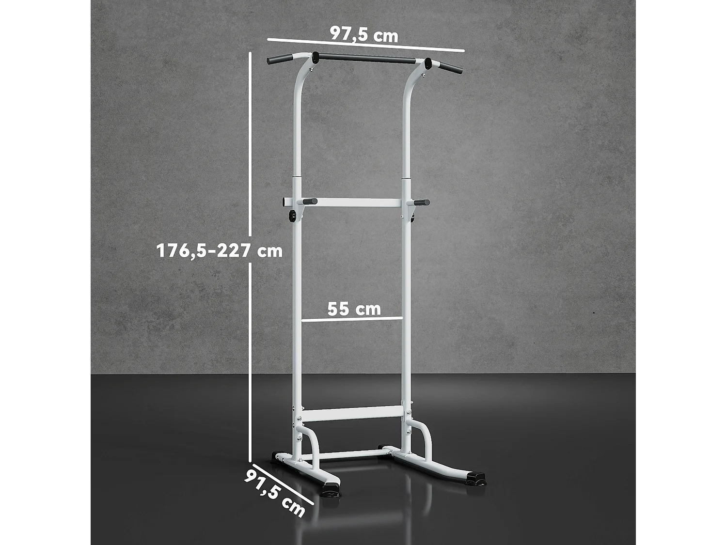 Station de traction et dips - barre de traction autoportante réglable H.176-227cm - acier blanc