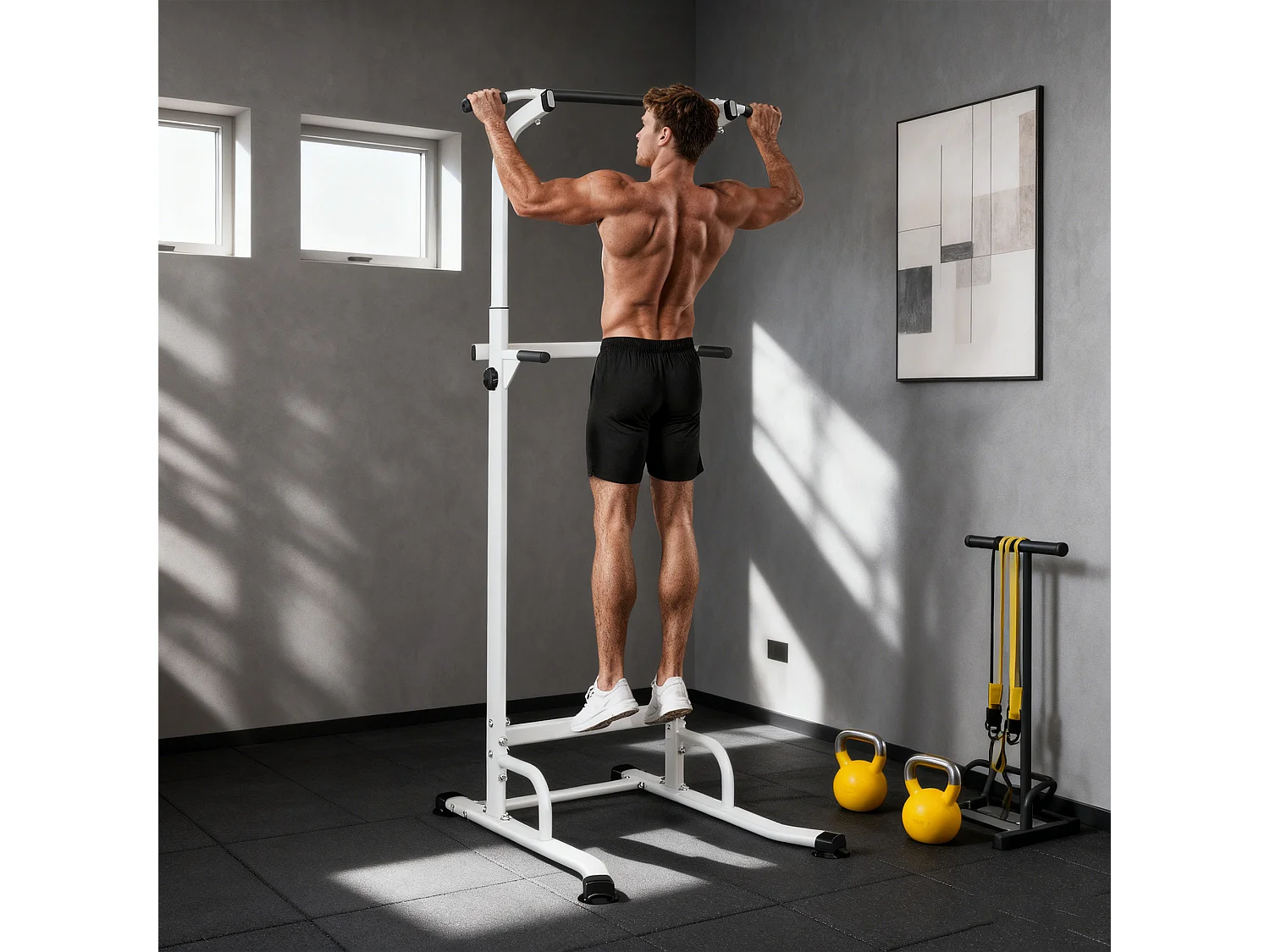 Station de traction et dips - barre de traction autoportante réglable H.176-227cm - acier blanc