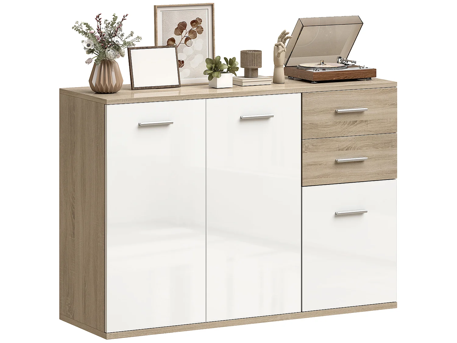 Buffet 2 tiroirs coulissants 2 placards étagère réglable panneaux blanc laqué effet bois naturel