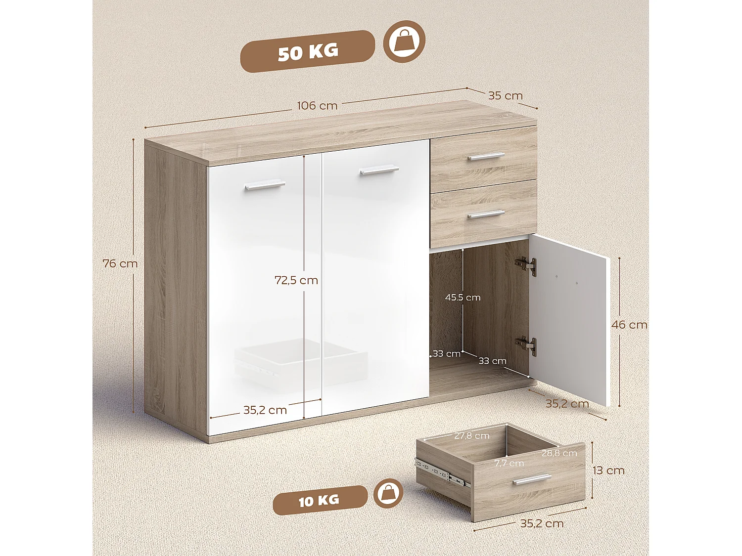 Buffet 2 tiroirs coulissants 2 placards étagère réglable panneaux blanc laqué effet bois naturel