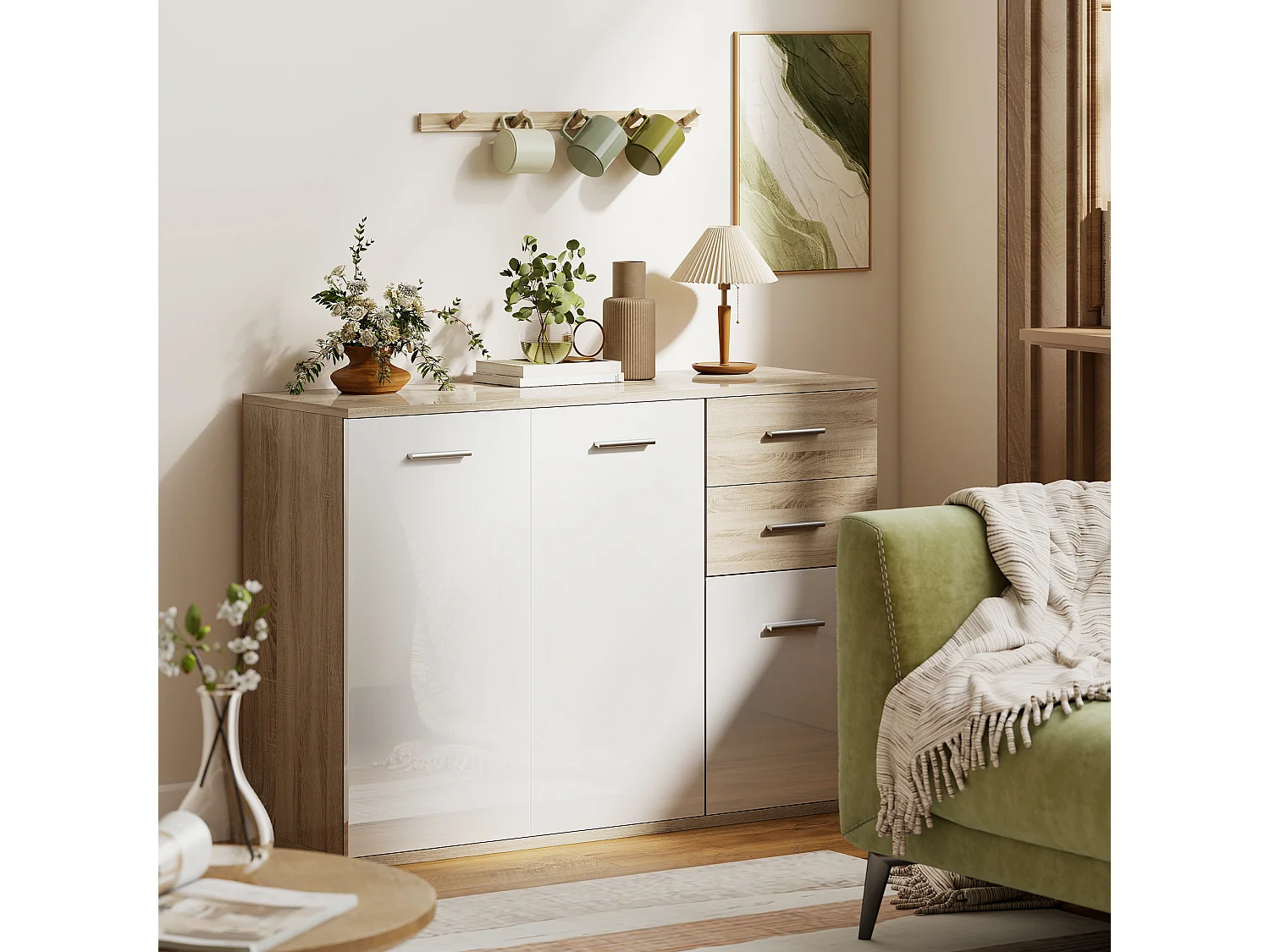 Buffet 2 tiroirs coulissants 2 placards étagère réglable panneaux blanc laqué effet bois naturel