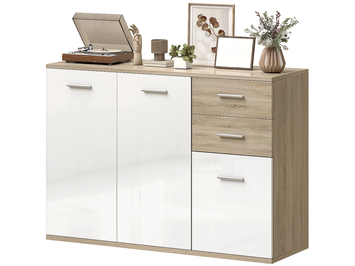 Buffet 2 tiroirs coulissants 2 placards étagère réglable panneaux blanc laqué effet bois naturel