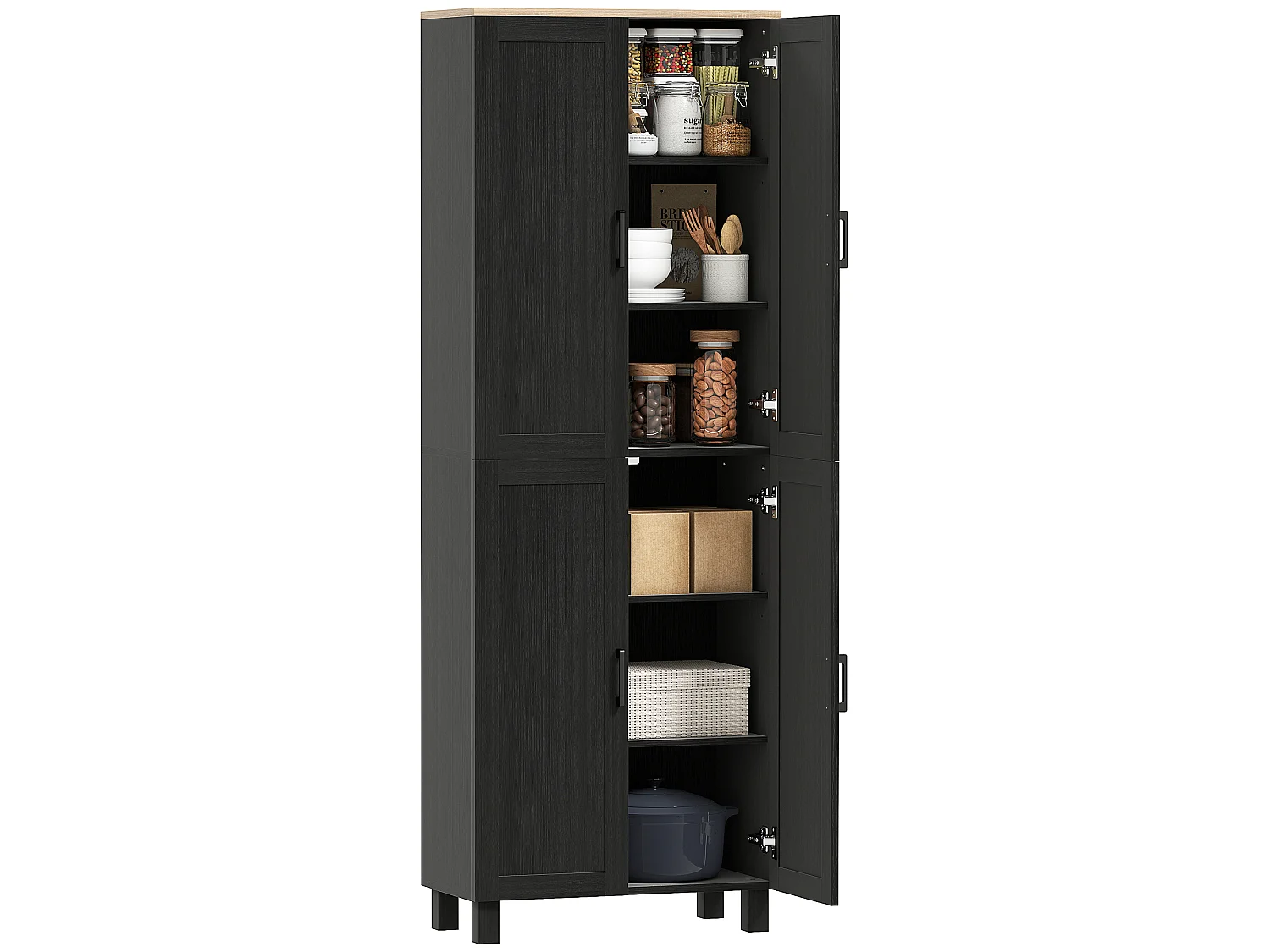 Buffet haut - armoire de cuisine - 5 étagères - poignées métal noir effet bois clair noir